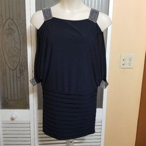 BETSY & ADAM SEXY NAVY BLUE EMBELLISHED COLD SHOULDER DRESS